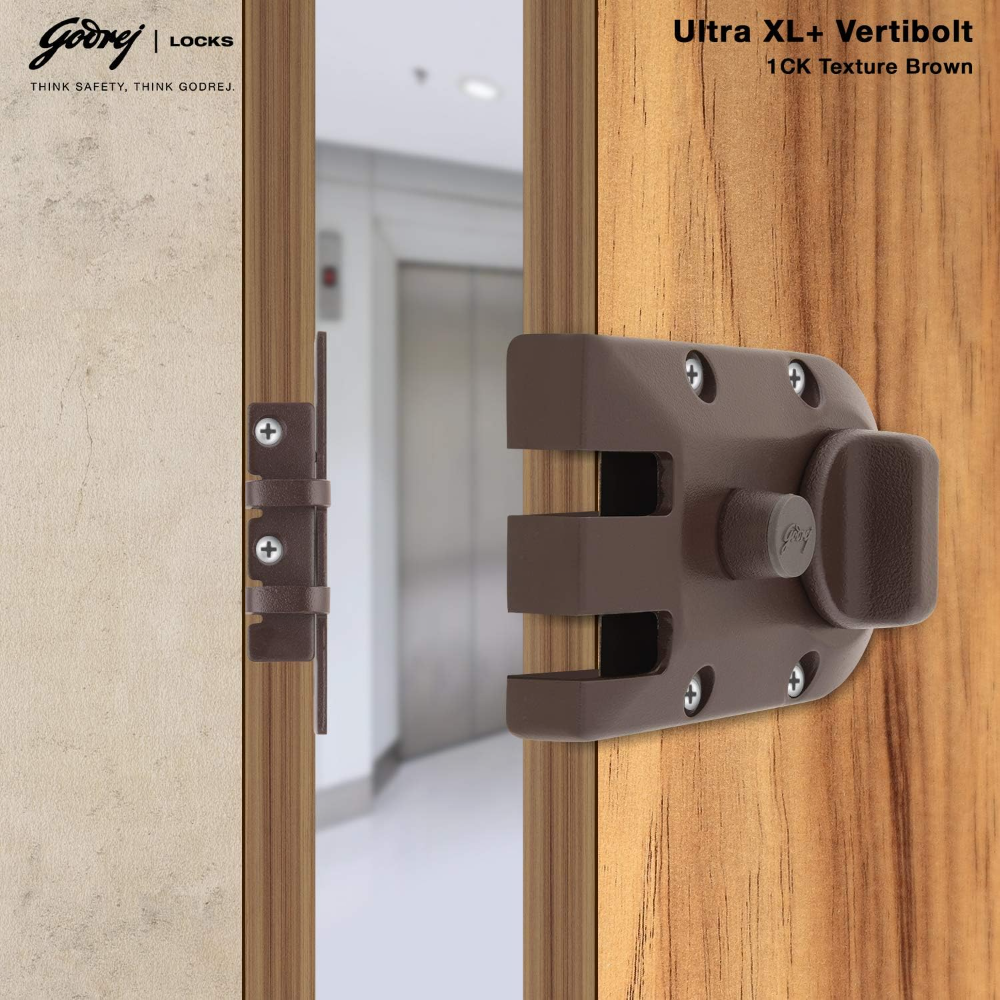 Godrej Rim Lock l Vertibolt Ultra XL plus   I 1CK Deadbolt l For Inside Opening, Double and Sliding Wooden Doors l Left or Right-Handed Doors l 4 Keys Manual Locking I Textured Brown Finish | 5-Year Warranty